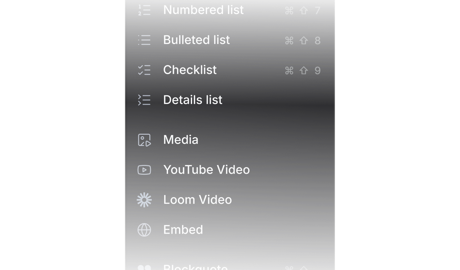 Editor menu with formatting options like headings, lists, media, and code blocks